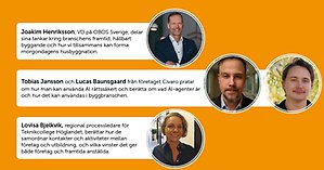 Joakim Henriksson, OBOS Sverige, Tobias Jansson och Lucas Baunsgaard, Civaro, samt Lovisa Bjelkvik, Teknikcollege Höglandet talar under kvällen.